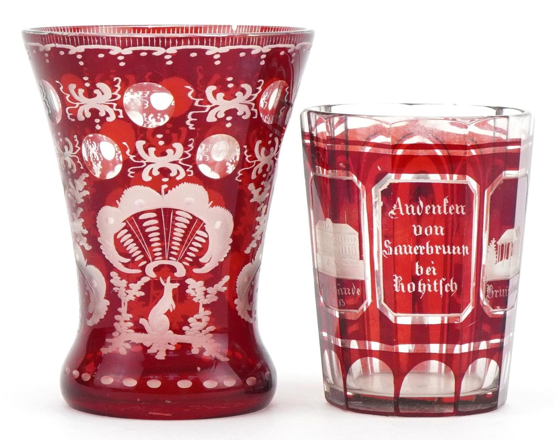 Bohemian ruby overlaid glass vase and mug etched with German towns, the largest 13cm high : For - Image 2 of 4