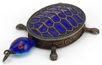 Chinese silver gilt and enamel pill box pendant in the form of a tortoise with articulated limbs,
