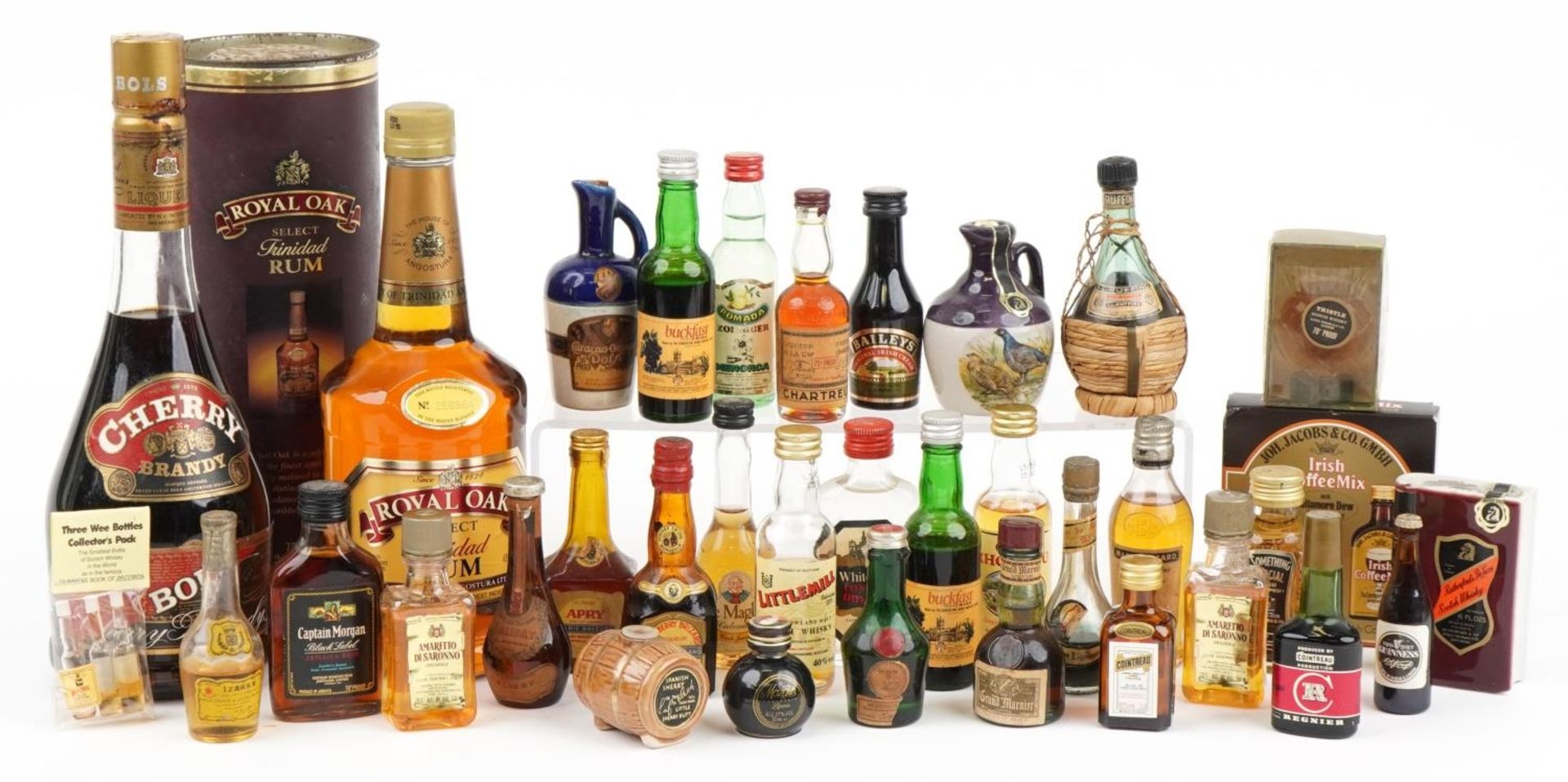 Collection of alcohol miniatures and two bottles of alcohol including Royal Oak Trinidad rum : For