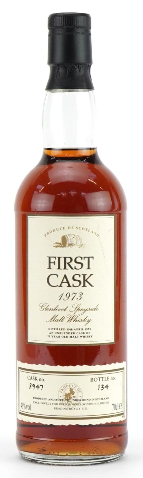 Bottle of First Cask 1973 Glenlivet Speyside 21 Year Old Malt whisky, cask number 3947, bottle