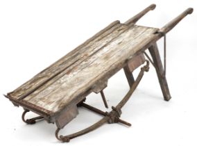 Large antique agricultural interest wooden cart with iron mounts, 176cm in length : For further