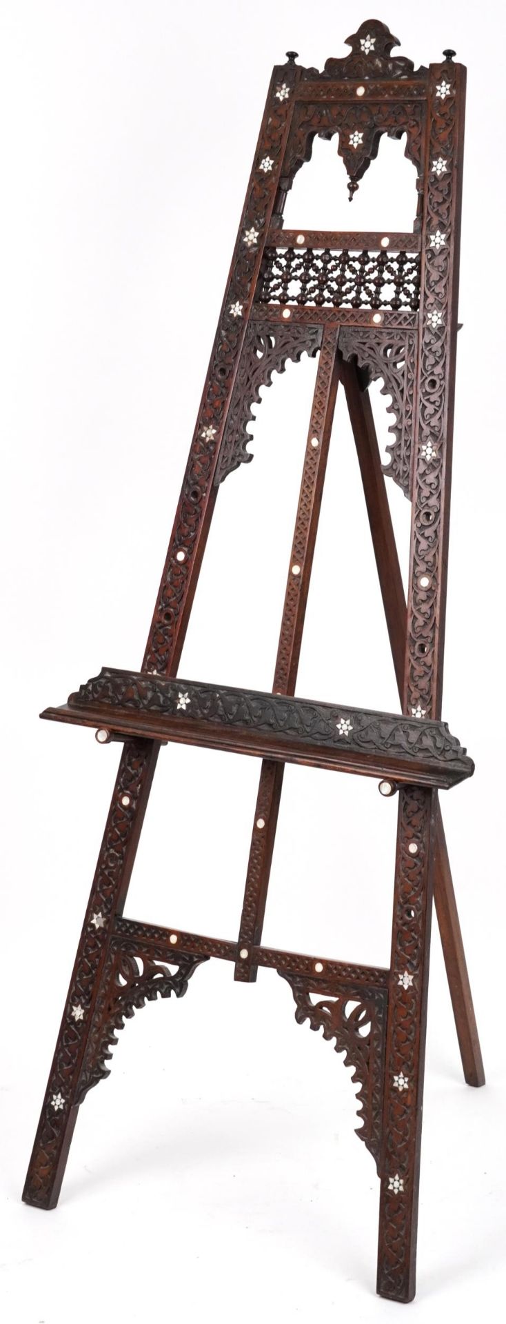 Attributed to Liberty & So, Moorish hardwood floor standing easel with mother of pearl inlay