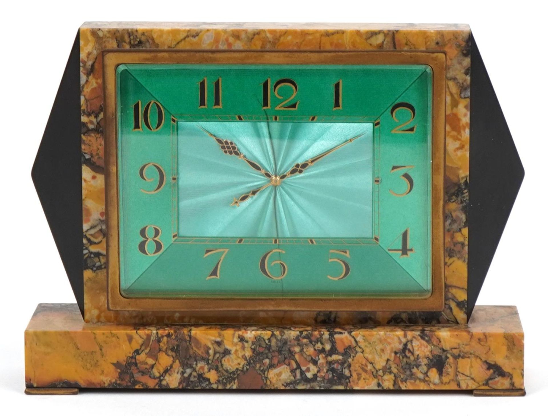 Good Art Deco marble and black slate mantle clock with green engine turned dial having Arabic - Image 2 of 4