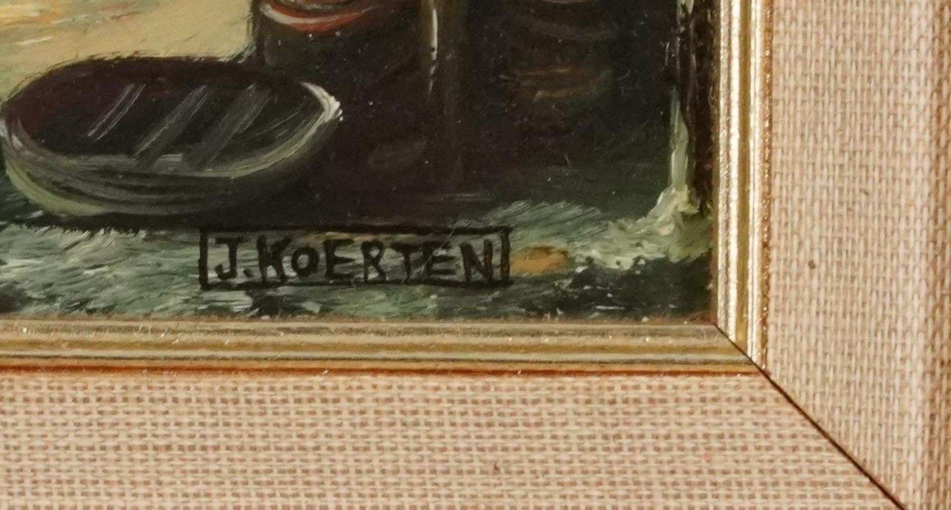 J Coerten - Winter street scene, Old Master style oil on wood panel, mounted and framed, 29cm x 23cm - Image 3 of 6