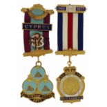 Two silver gilt and enamel RAOB jewels with ribbons including one commemorating silver jubilee,
