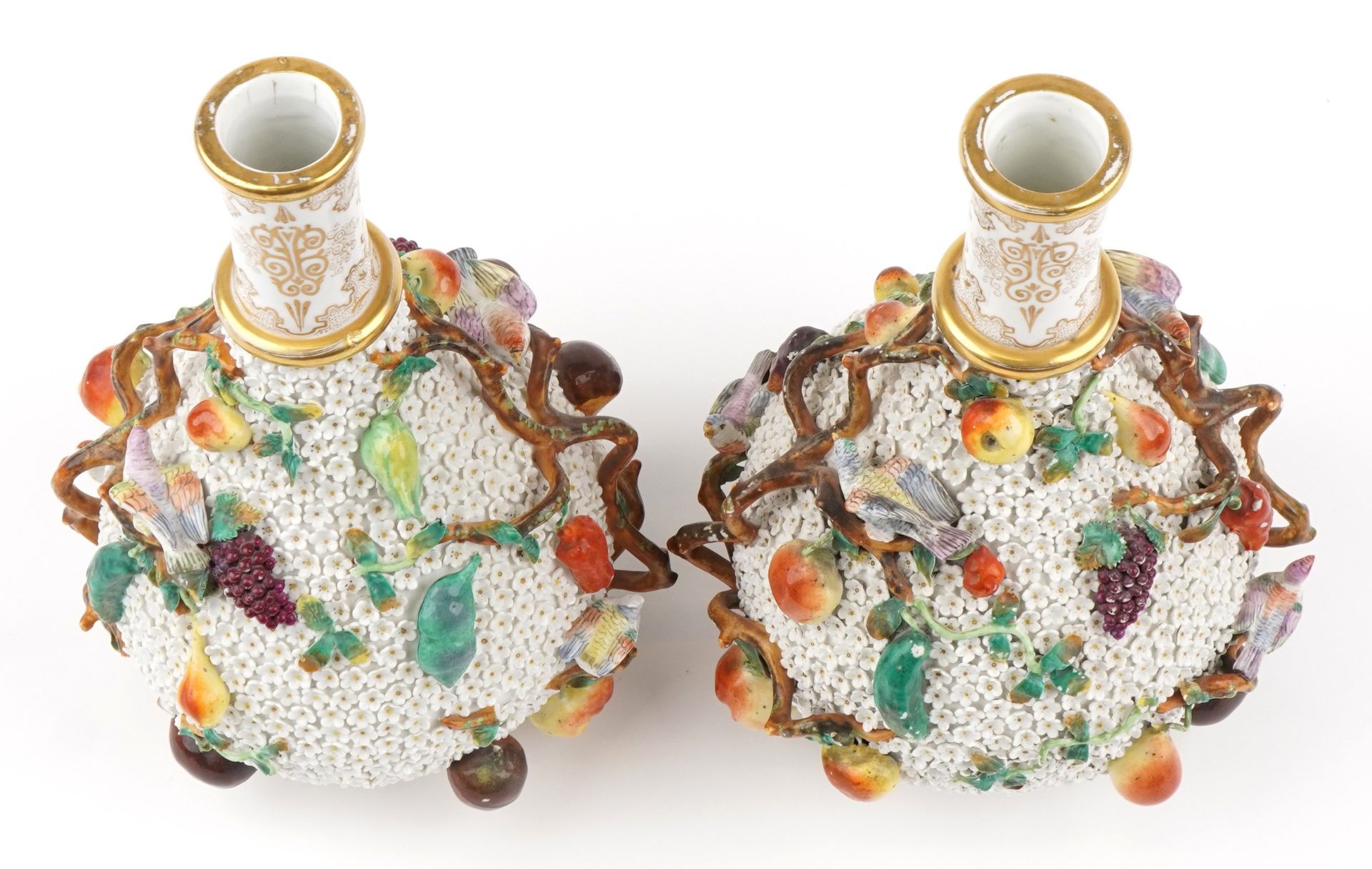 Meissen, large pair of 19th century German floral encrusted bottles with stoppers decorated in - Image 11 of 13