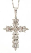 14ct white gold diamond cross pendant on a 9ct white gold necklace, 2.7cm high and 50cm in length,