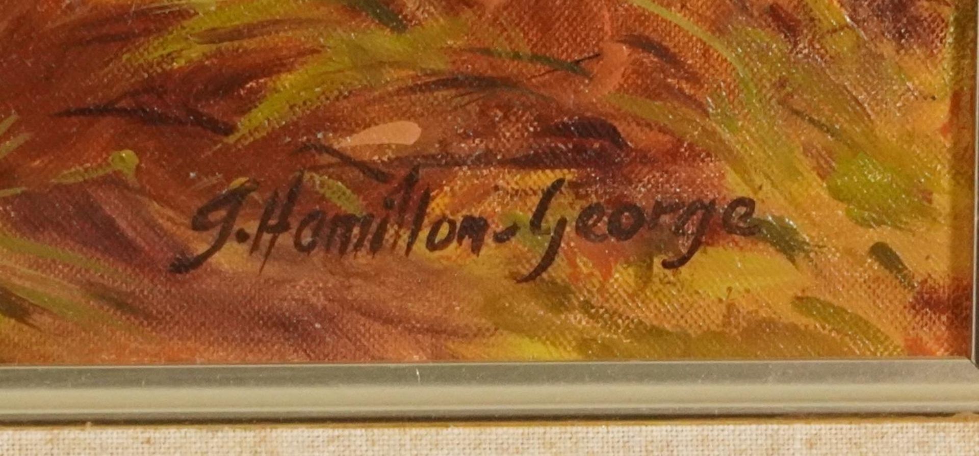 J Hamilton-George - Stag in a landscape, oil on canvas, mounted and framed, 60cm x 49.5cm - Image 3 of 5