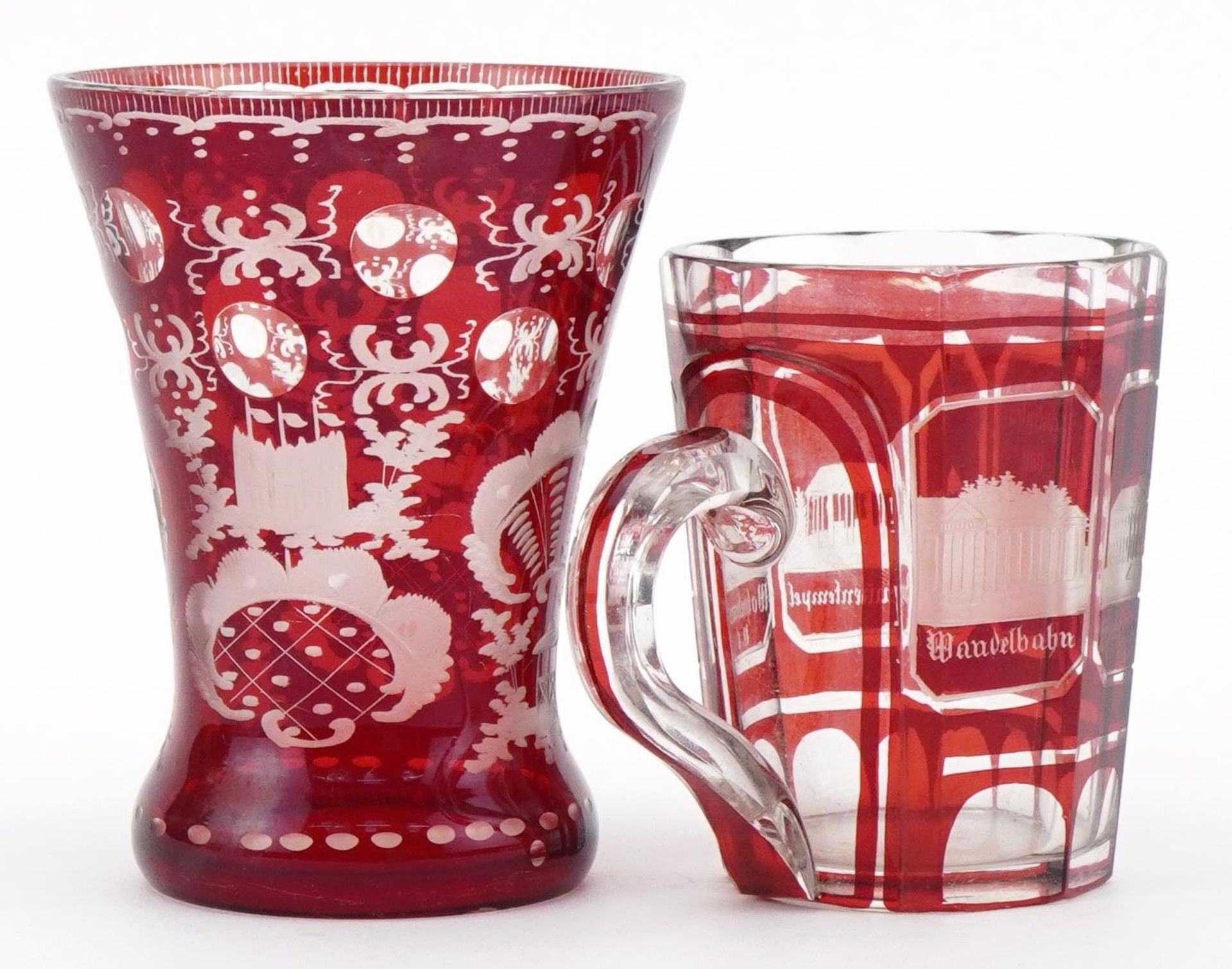 Bohemian ruby overlaid glass vase and mug etched with German towns, the largest 13cm high : For - Image 3 of 4