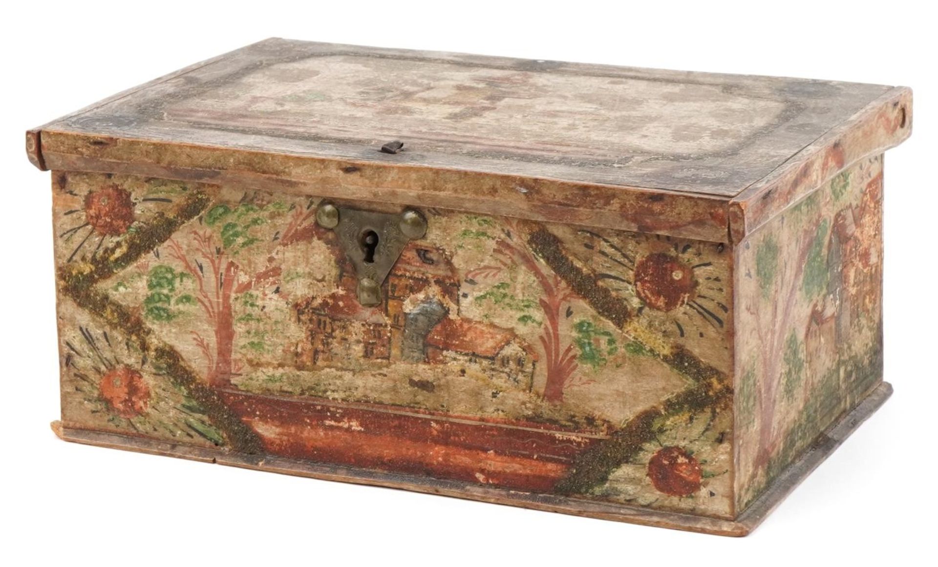 Antique naive treen casket hand painted with buildings and trees, 12cm H x 28cm W x 19cm D : For
