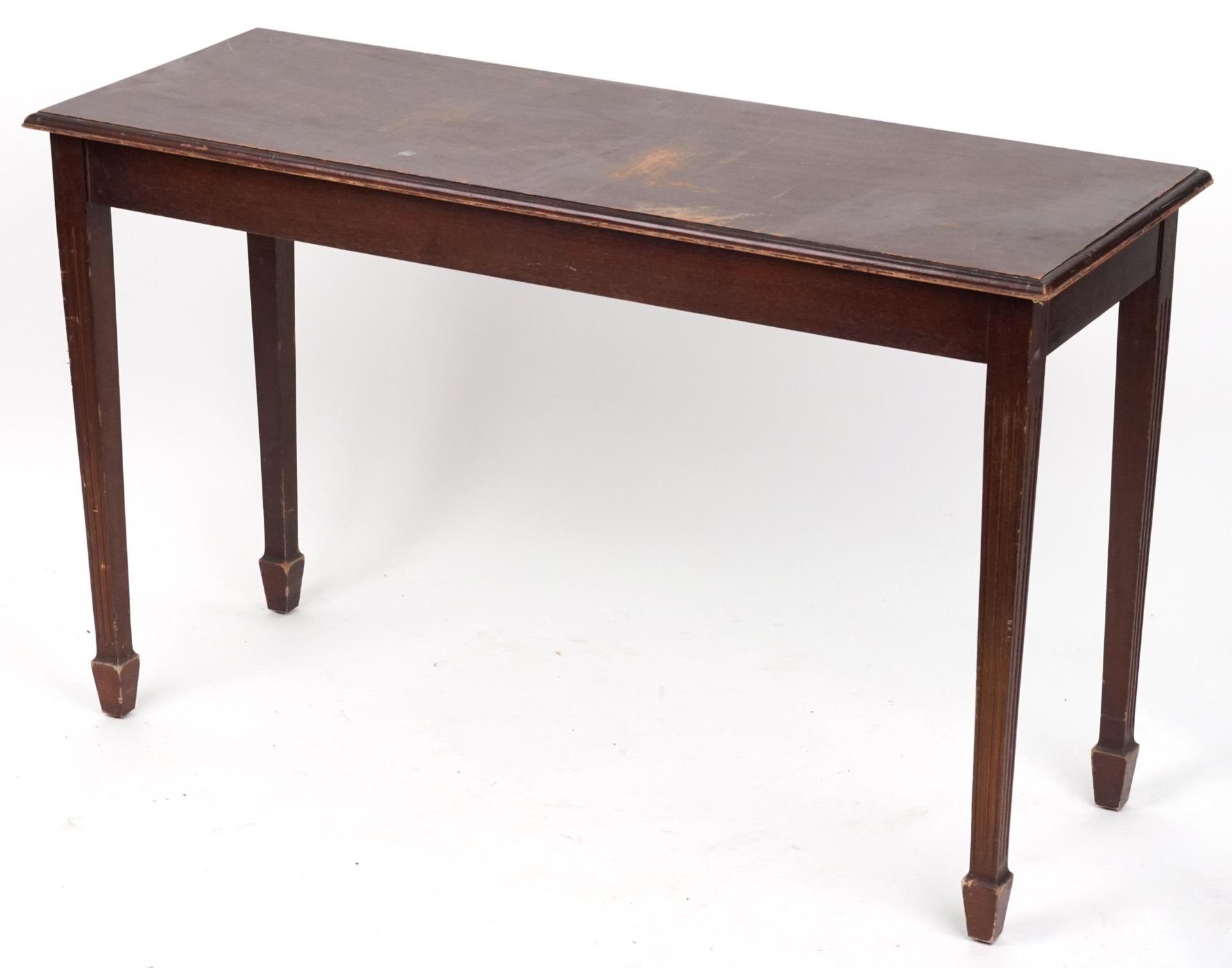 Mahogany side table on tapering legs, 74.5cm H x 121.5cm W x 45.5cm D : For further information on