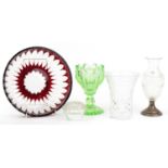 19th century and later glassware including a uranium glass vase, glass vase etched with swags and