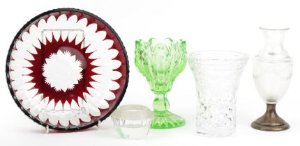 19th century and later glassware including a uranium glass vase, glass vase etched with swags and