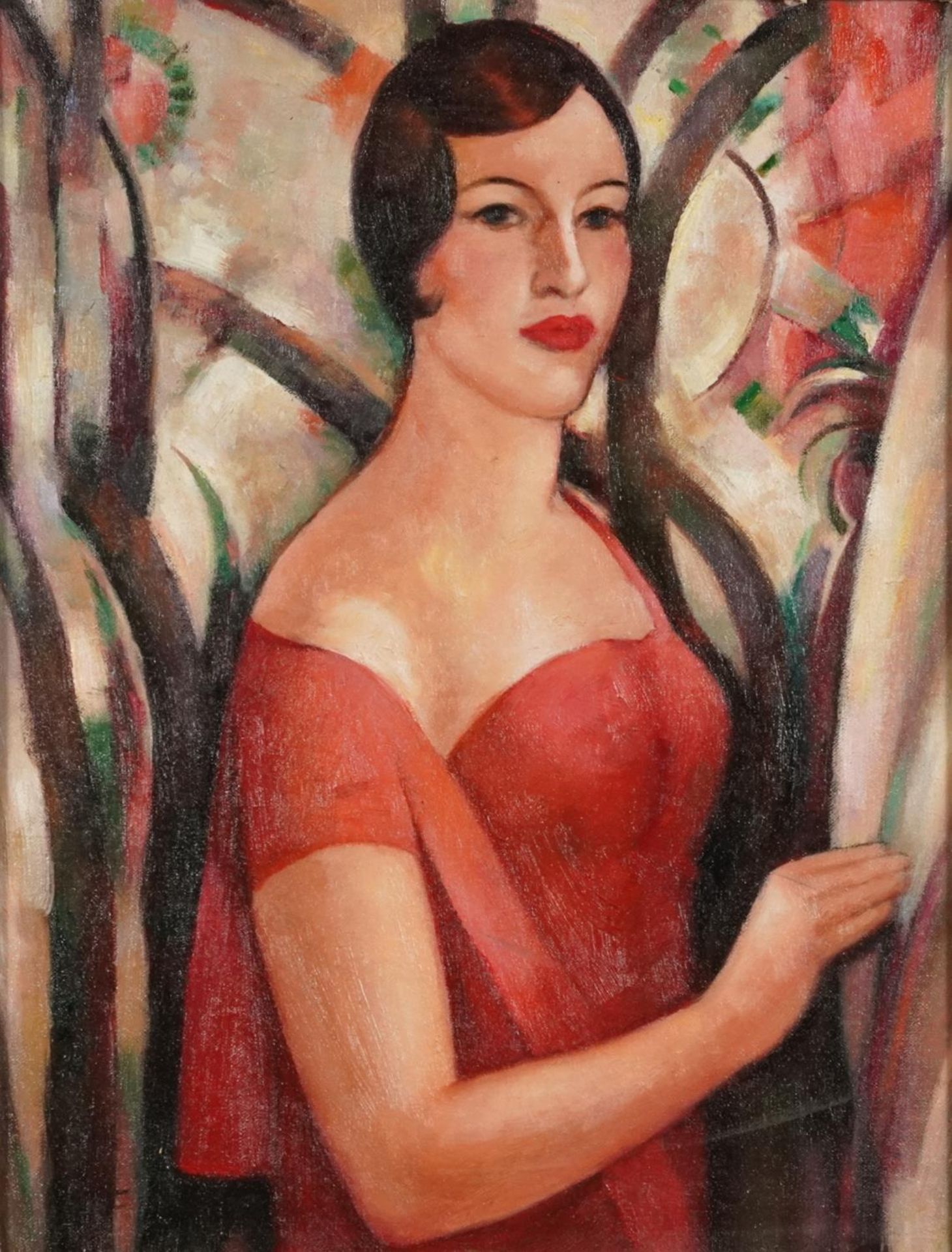 Top half portrait of a female, Camden school oil on board, framed, 44.5cm x 34cm excluding the frame