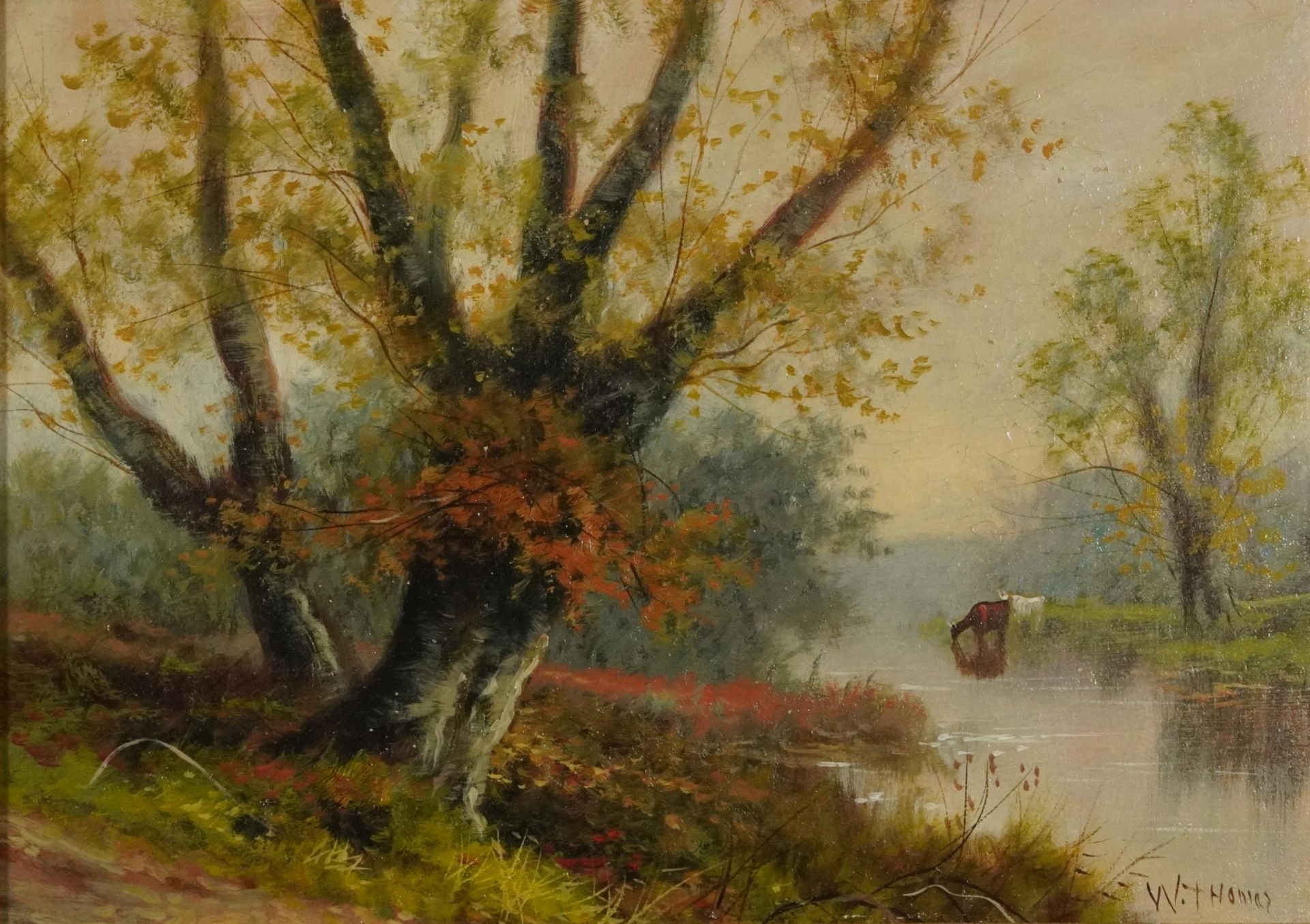 W Thomas - Cattle beside water and figure on path beside woodland, pair of 19th/20th century oil - Image 2 of 8