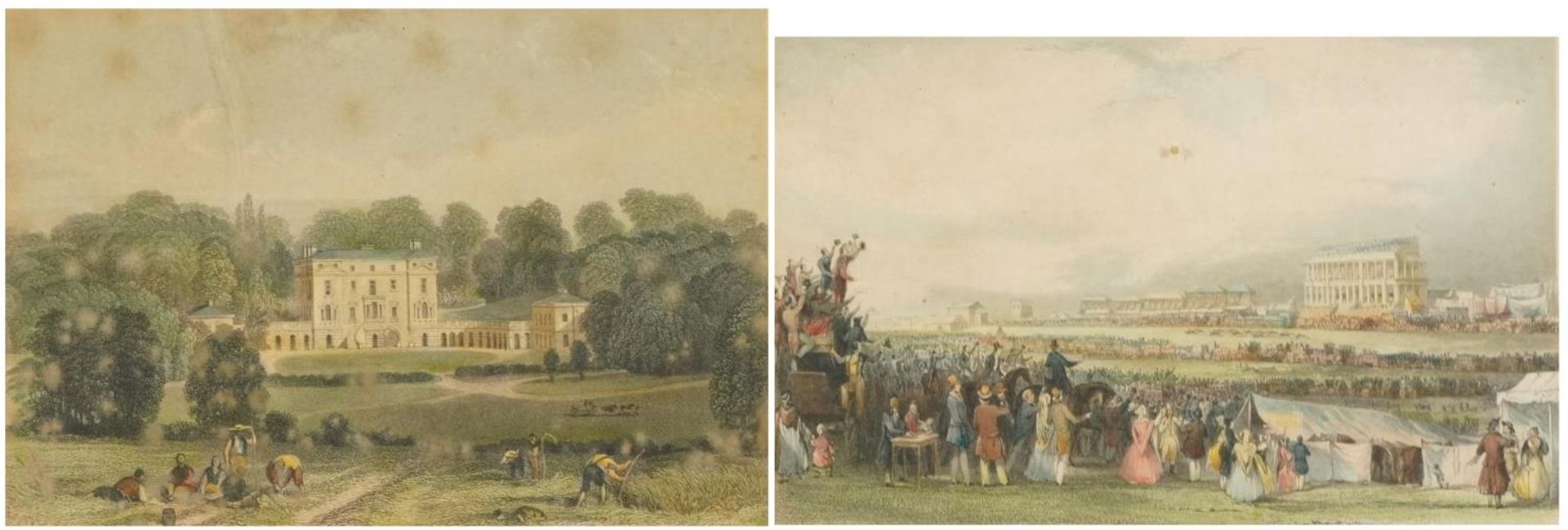 Epsom Races on Derby Day and Woodcote Park, two 19th century engravings, one after Thomas Allom