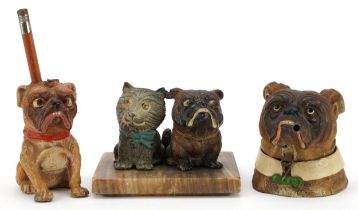 Cold painted Bulldogs including inkwell and pencil holder, the largest 11cm wide : For further