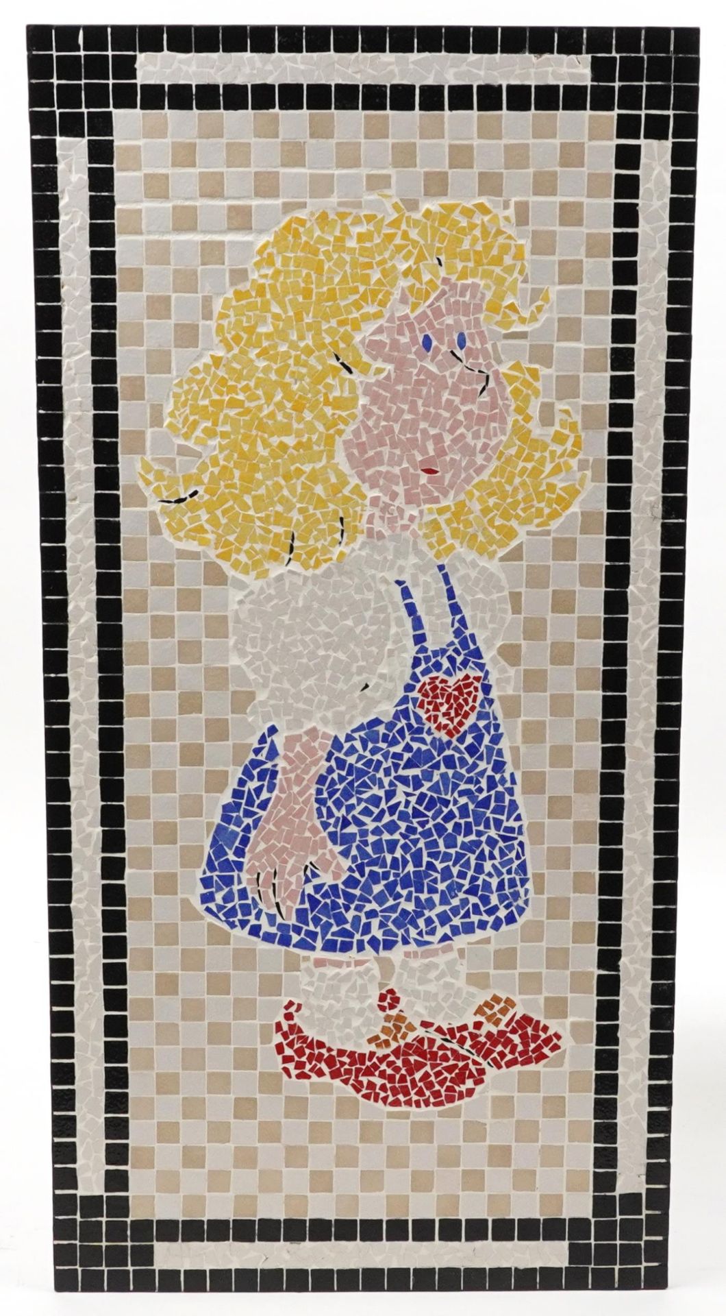 Rectangular contemporary mosaic ceramic picture of a young girl wearing a blue dress created by