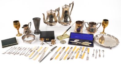 Silver plated metalware including Elkington & Co tankard, four piece tea and coffee service,