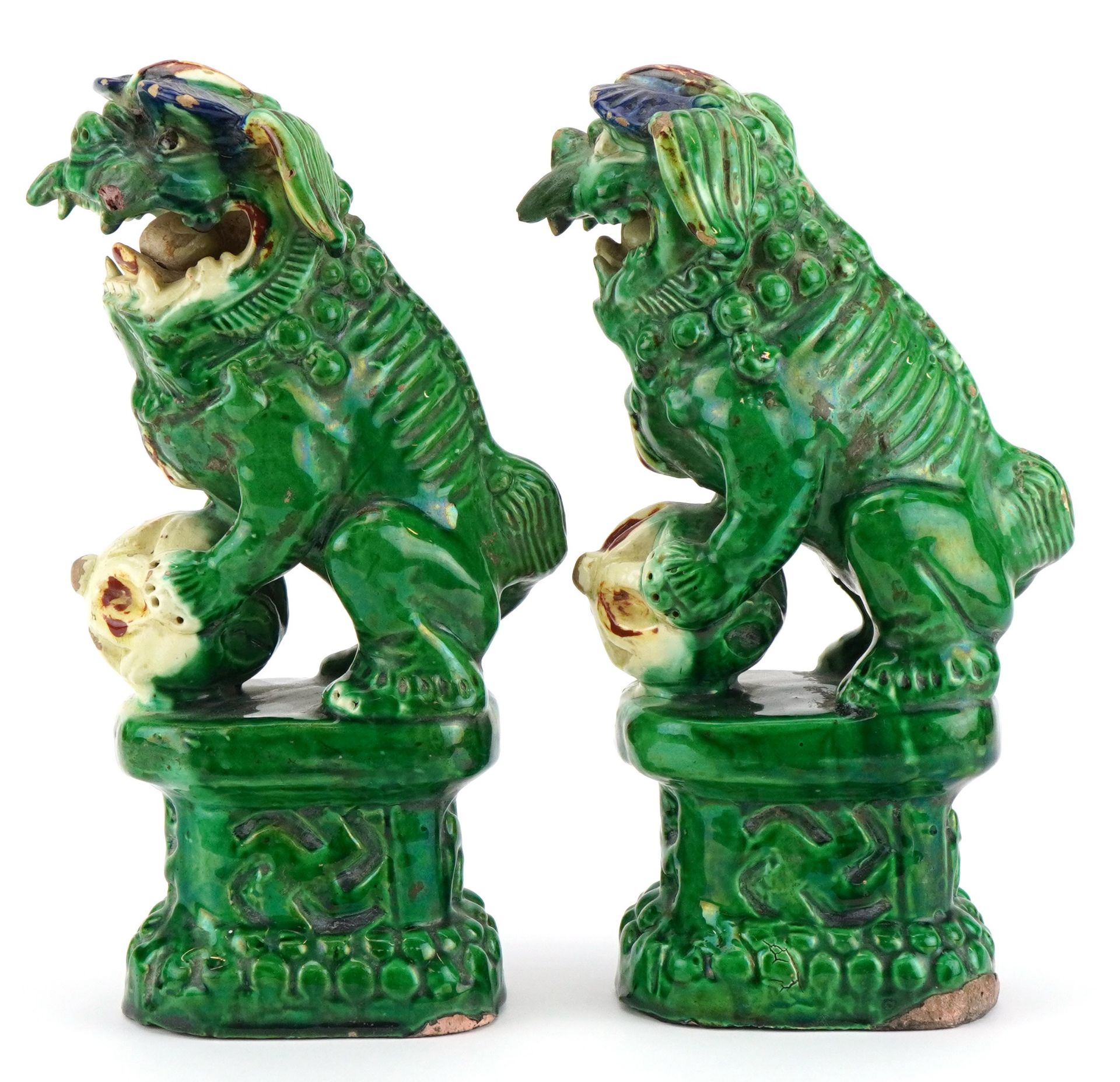 Pair of Chinese porcelain Foo dogs having sancai type glazes, each 24.5cm high : For further - Image 3 of 7