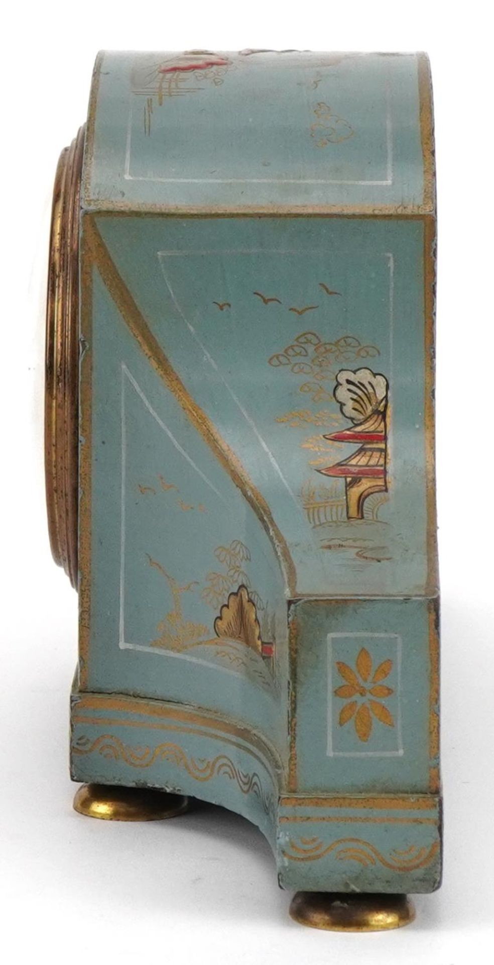 Early 20th century blue chinoiserie lacquered mantle clock hand painted with figures and pagodas, - Image 3 of 7