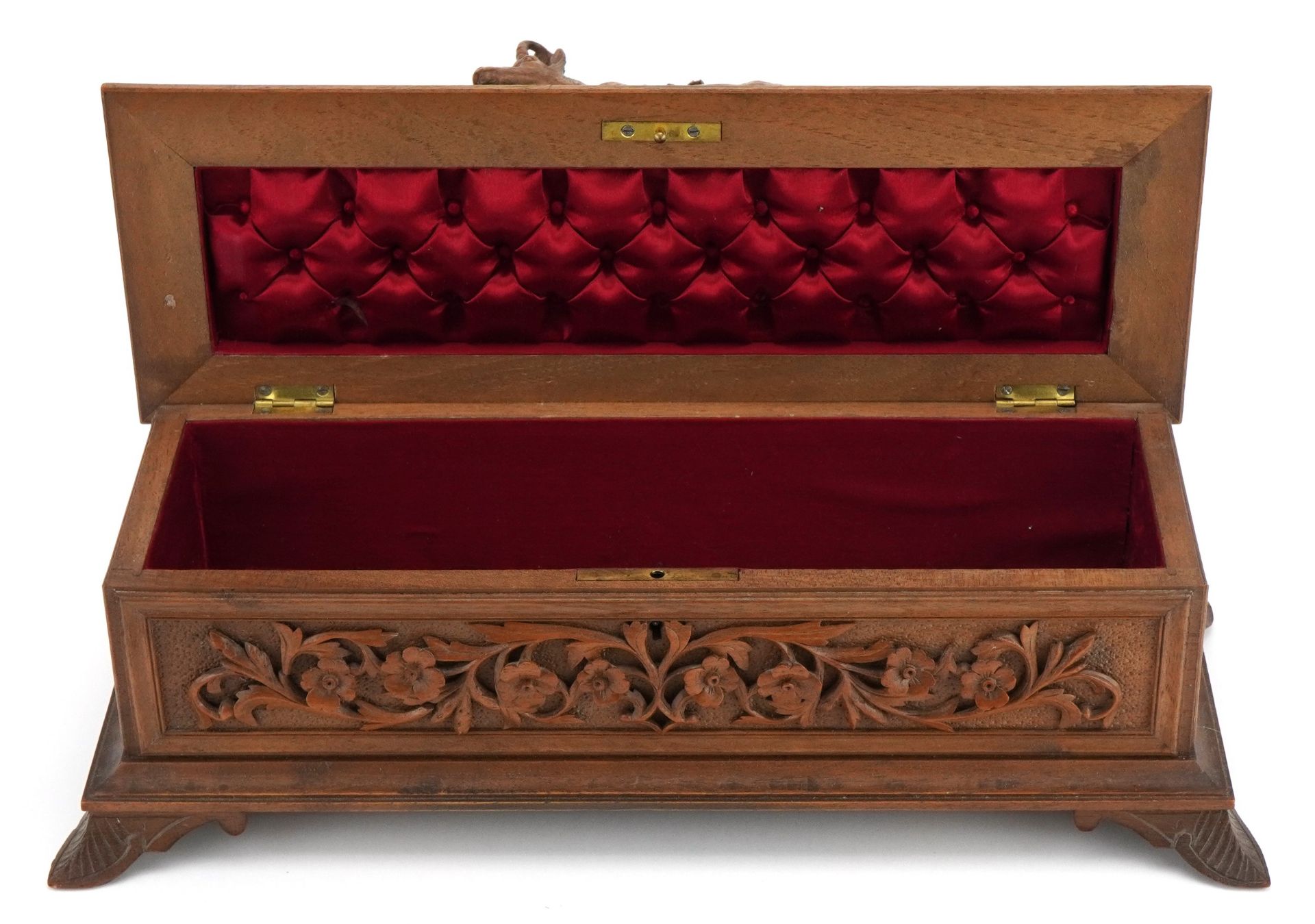 19th Century Black forest table casket with red silk button back upholstered interior finely - Image 3 of 5