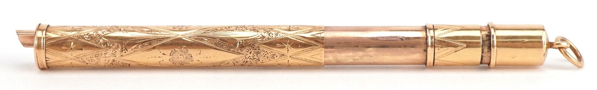 Victorian unmarked gold propelling pencil and dip pen with floral chased case, 7.5cm in length - Image 2 of 3