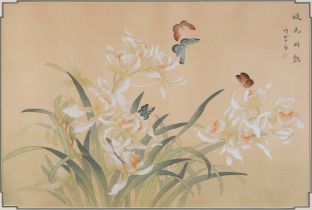 Butterflies amongst flowers, Chinese watercolour onto silk with calligraphy and red seal marks,