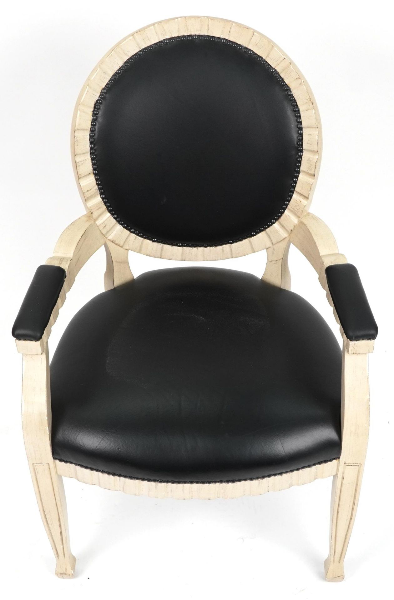 French Empire style cream bedroom chair with black vinyl upholstered back, seat and elbow pads, 98. - Image 3 of 4