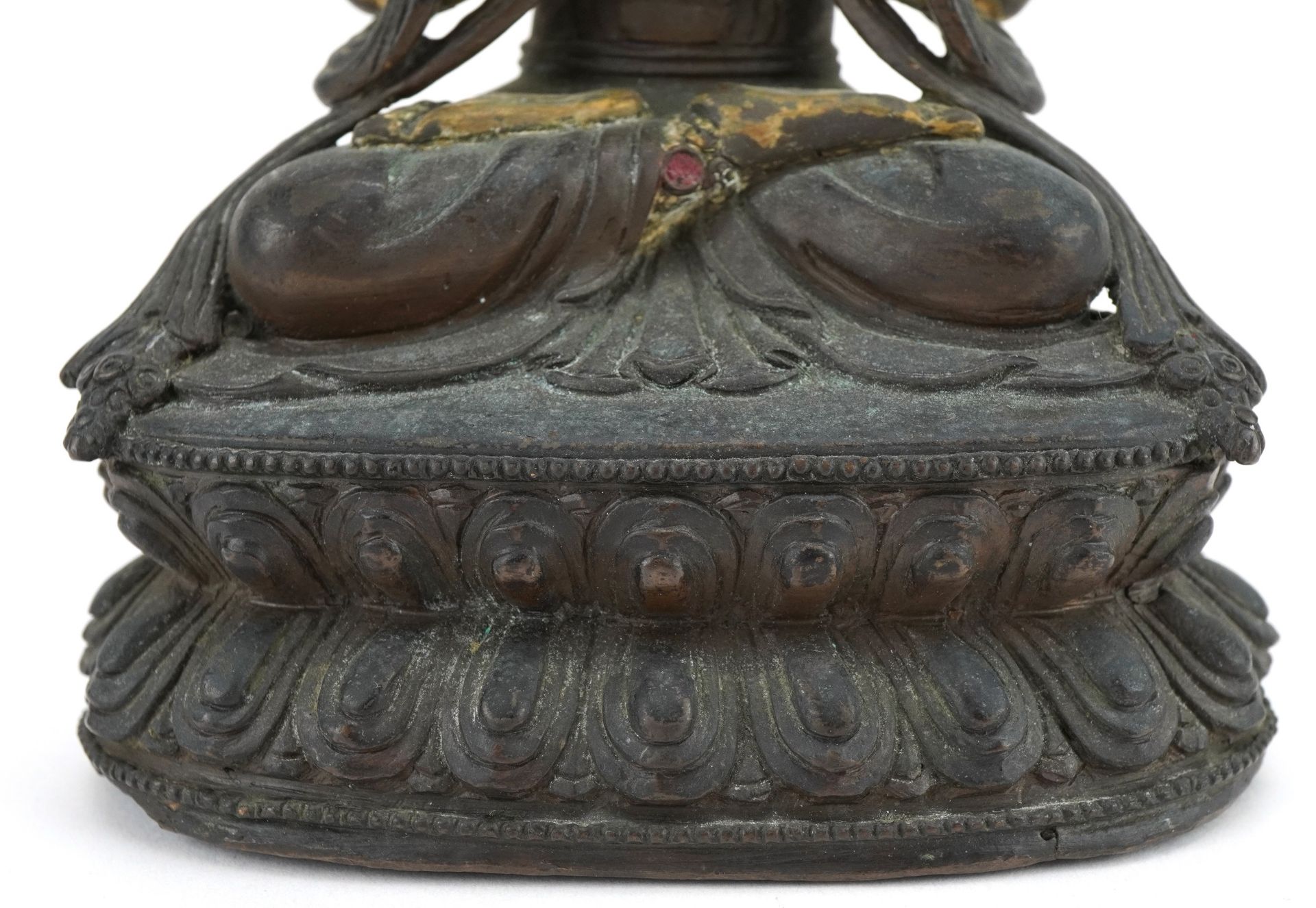 18th Century Chino Tibetan gilt bronze buddha of Sadaksari inset with turquoise cabochons, 16cm high - Image 3 of 10