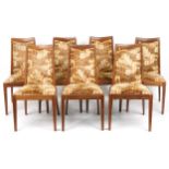 Seven mid century G Plan teak dining chairs with geometric upholstered back and seats, each 92cm