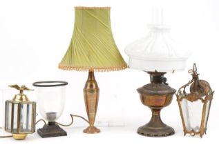 Early 20th century and later lighting including Aladdin oil lamp with glass shade and French style