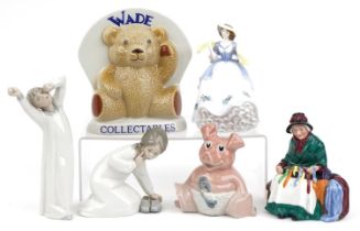 Six collectable figures including Royal Doulton Silks & Ribbons HN2016, two Lladro and Wade