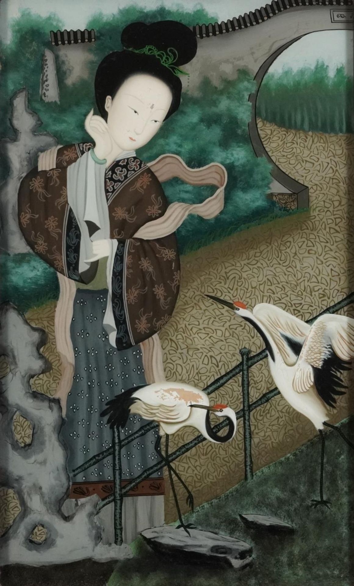 Young female with two cranes, Chinese reverse glass painting housed in a hardwood frame, 50.5cm x