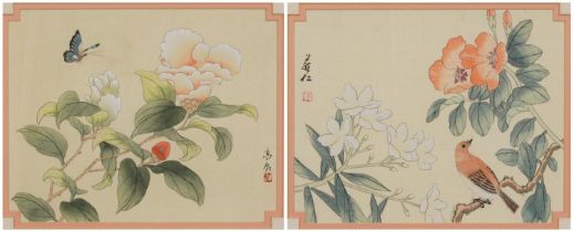 Bird and butterfly amongst flowers, pair of Chinese watercolours on silk, signed with calligraphy