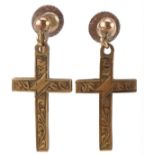 Pair of 9ct gold engraved cross earrings with screw backs, 2cm high, 1.6g : For further