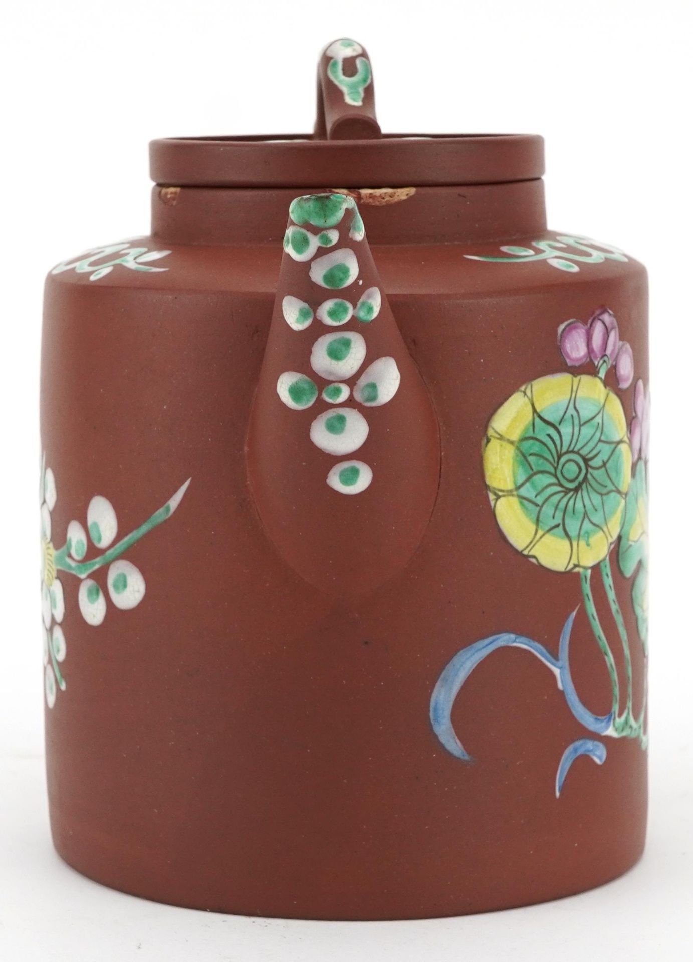 Chinese Yixing terracotta teapot enamelled with flowers, incised character marks to the base, 18.5cm - Image 2 of 8