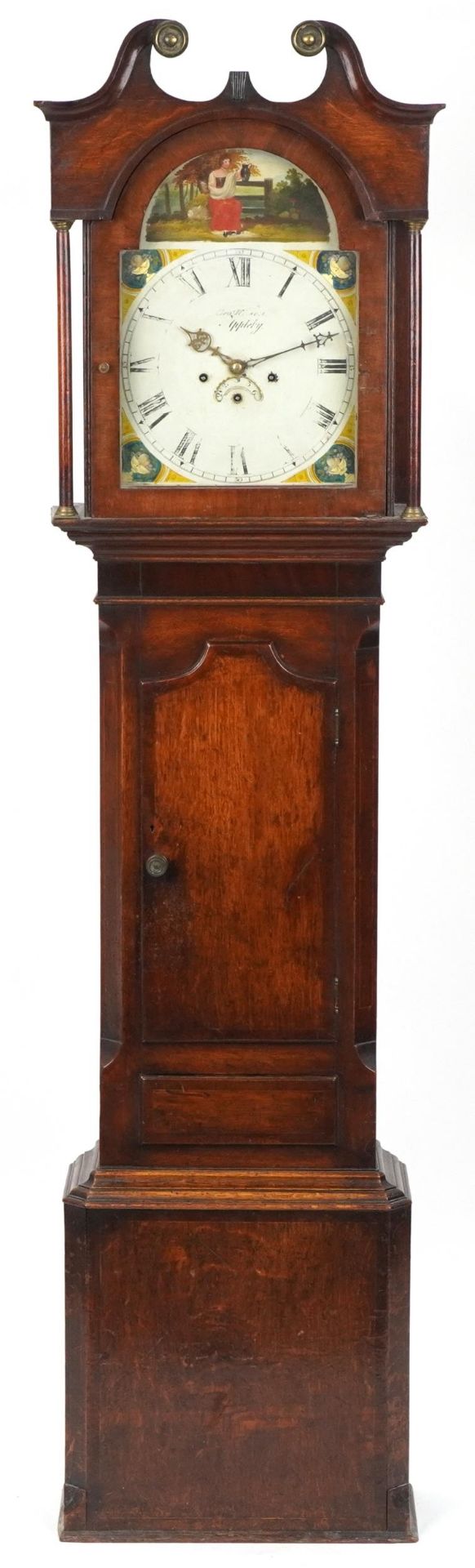 19th century oak cases longcase clock with painted dial having Roman and Arabic numerals,