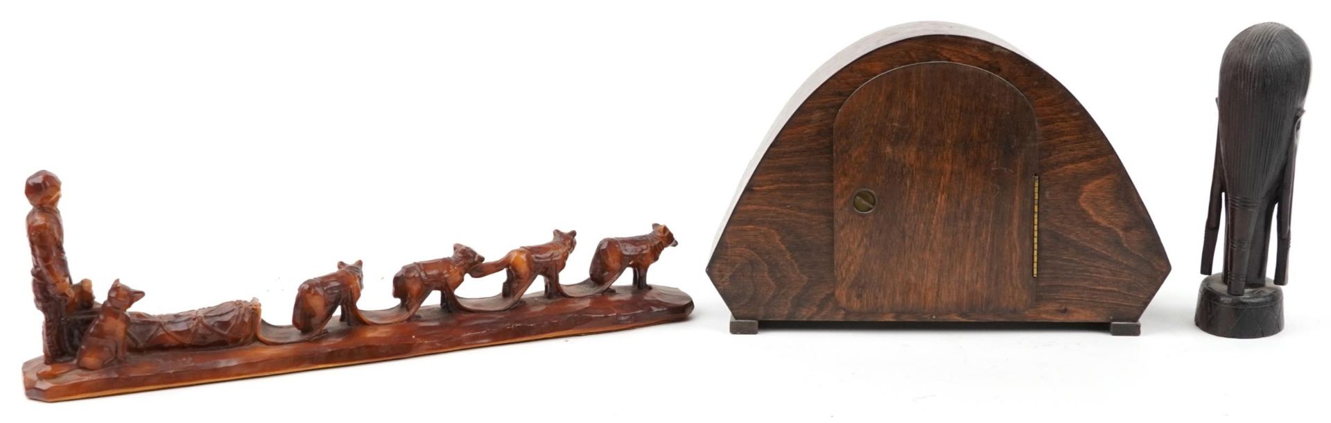 Sundry items including a Canadian Inuit Amy Art Craft sculpture and Art Deco oak mantle clock, the - Image 2 of 5