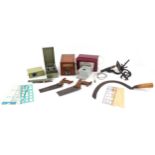 Antique and later scientific boxed tools and sundry items including Luxima microscope and