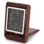 Art Deco Jaeger LeCoultre eight day travel clock with simulated crocodile skin leather case,