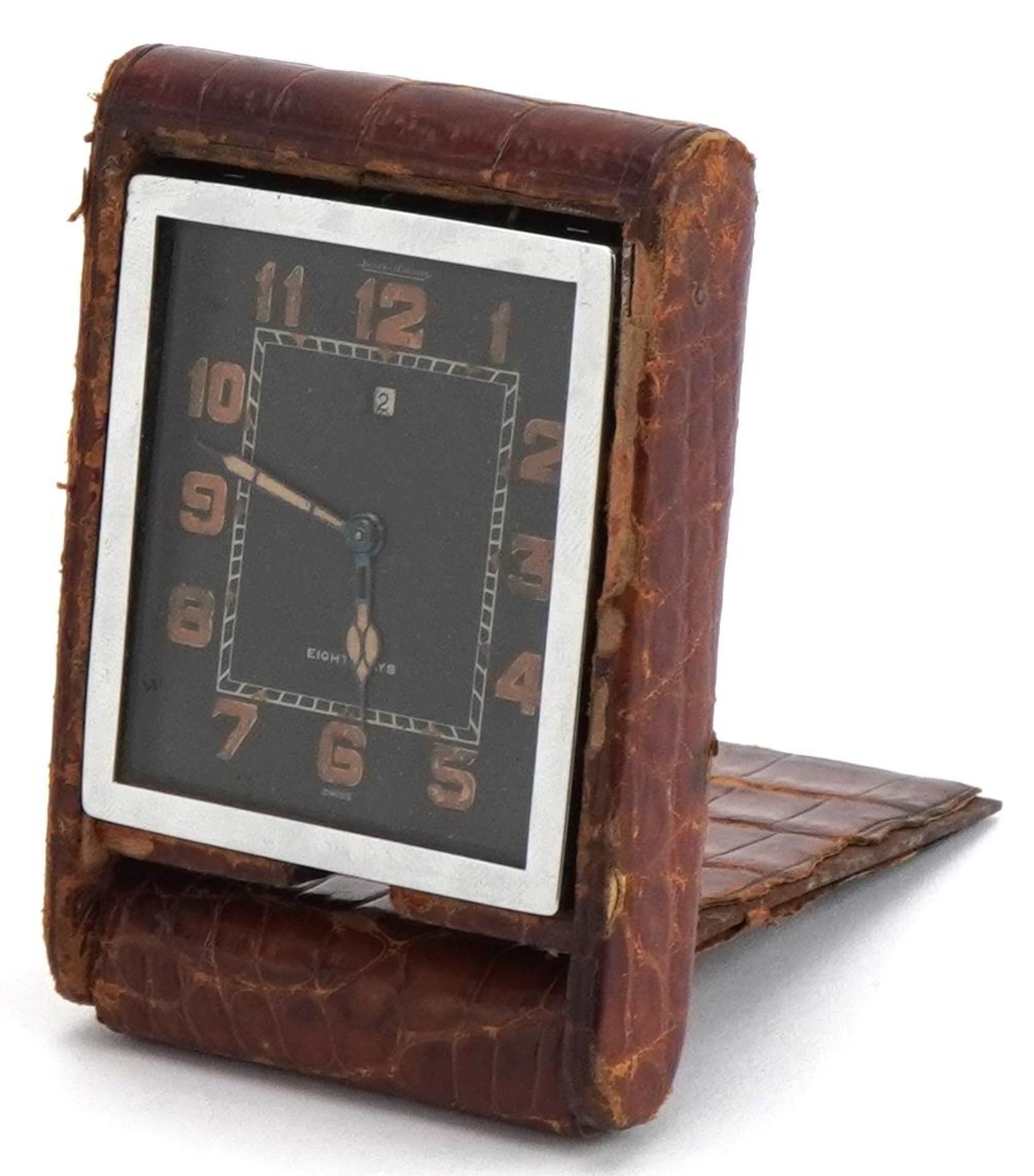 Art Deco Jaeger LeCoultre eight day travel clock with simulated crocodile skin leather case,