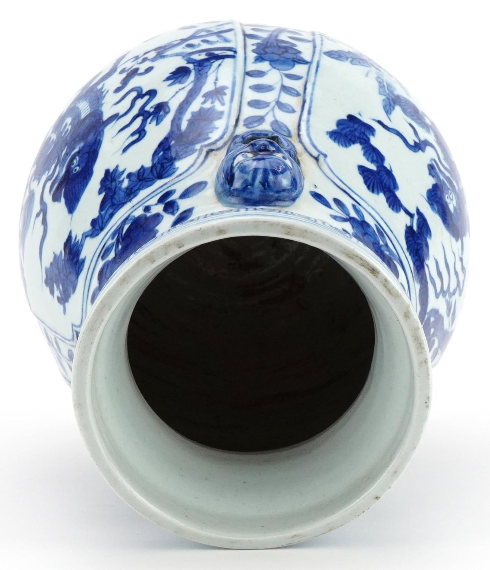 Chinese blue and white porcelain vase with three animalia ring turned handles hand painted with - Image 5 of 7