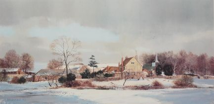 Michael Barnfather - Farmland with Chickens in Winter, pencil signed print in colour with embossed