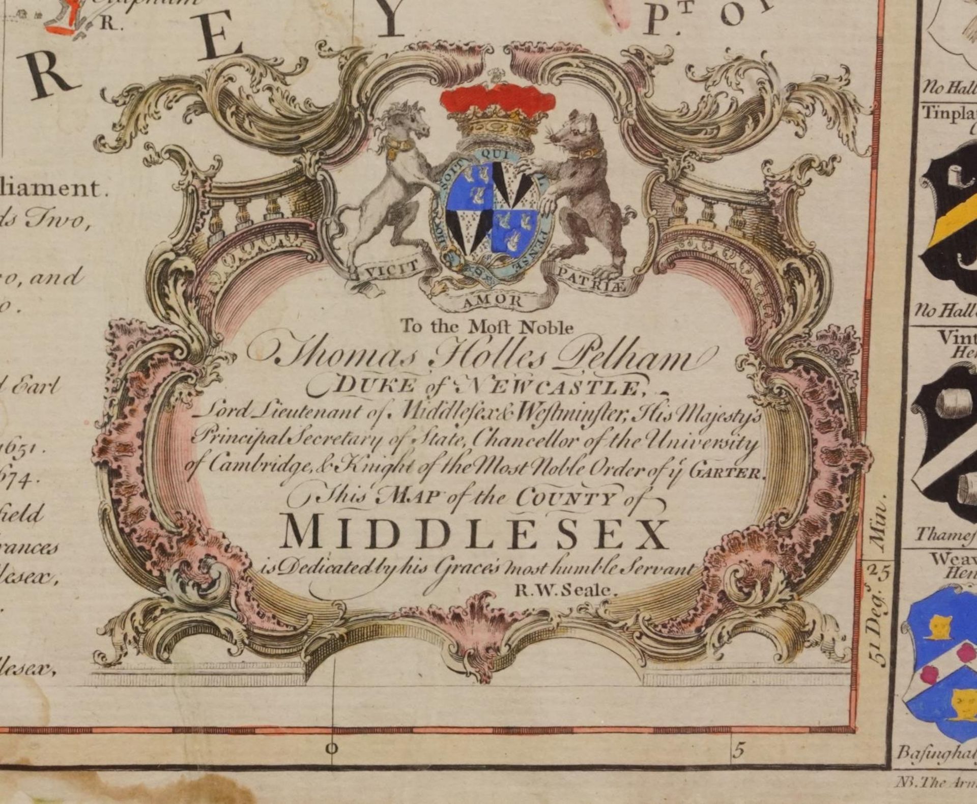 Antique hand coloured map of Middlesex by Thomas Holles Pelham, Duke of Newcastle, printed for - Image 4 of 6