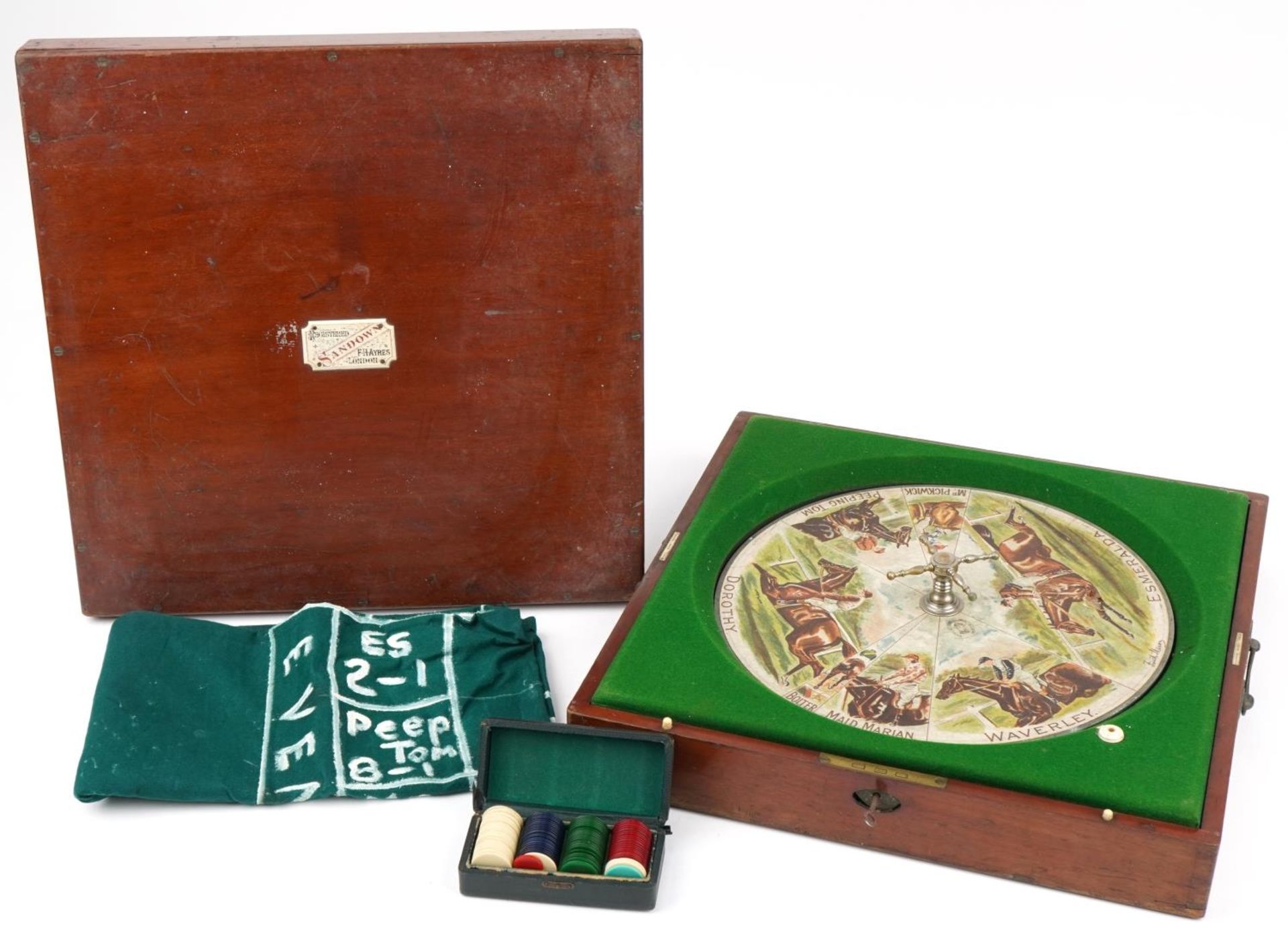 Victorian mahogany cased Sandown horse racing game registered by F H Ayers of London, 50cm x