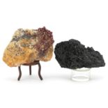 Two geology interest natural history specimens on stands comprising black tourmaline and vanadinite,