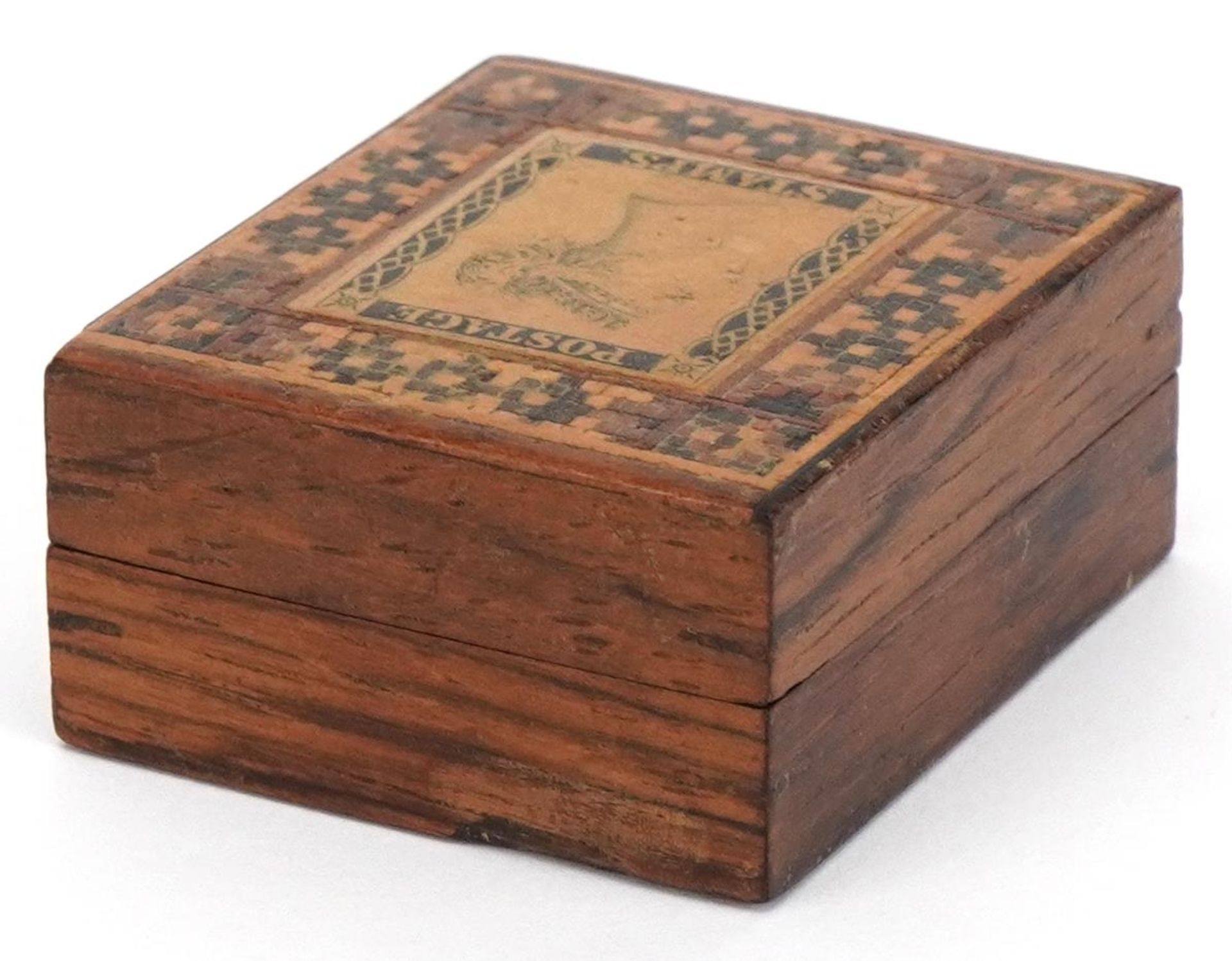 Victorian Tunbridge Ware inlaid rosewood stamp box, 2cm H x 3.5cm W x 4cm D : For further - Image 3 of 4