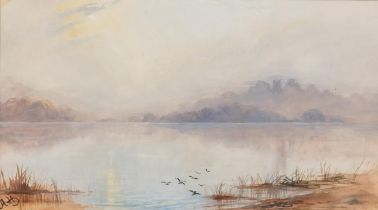 Birds over water, early 20th century watercolour, indistinctly signed with initials A H, mounted,