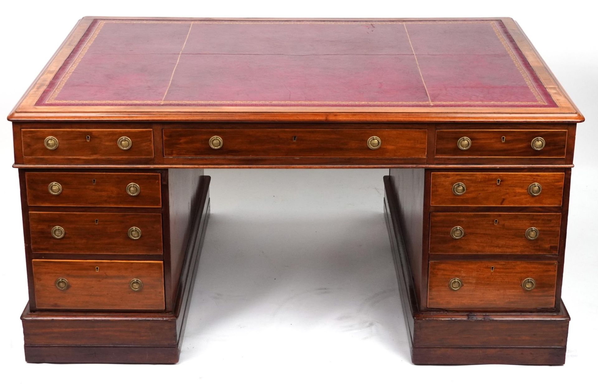 Hobbs & Co of London, Victorian inlaid mahogany partner's desk with tooled leather insert, twelve